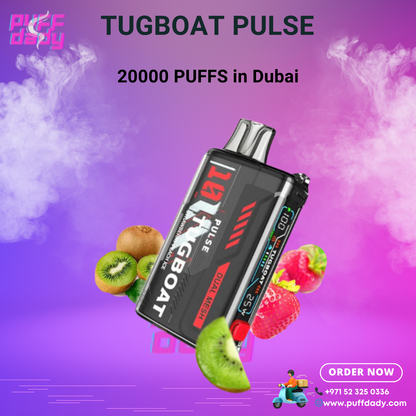 Tugboat Pulse 20000 Puffs vape device with dual mesh coil and LED screen, surrounded by fresh kiwi and strawberries on purple background.