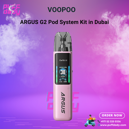 VOOPOO ARGUS G2 pink pod system kit with digital display and vape smoke on purple background