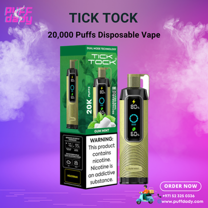TICK TOCK 20000 PUFFS disposable vape in gum mint flavor with rechargeable battery and digital display by Puff Dady