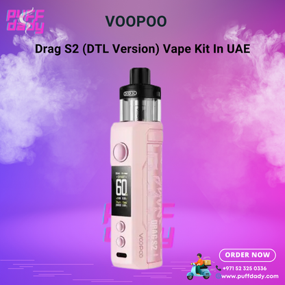 Voopoo Drag S2 DTL Version vape kit in pearl white with 0.96" TFT screen and 2500mAh battery against purple smoke background