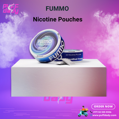 Fummo nicotine pouches Blueberry Mint flavor in a compact tin with smokeless, spit-free nicotine delivery.