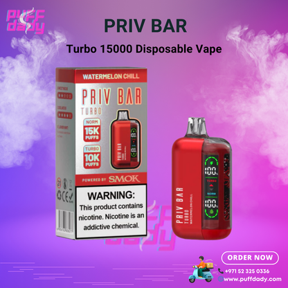 Priv Bar Turbo 15000 Puffs disposable vape in watermelon chill flavor with battery and e-liquid level indicators.