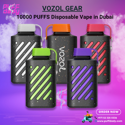 VOZOL GEAR 10000 Puffs disposable vape with colorful caps, sleek black body, and eco-friendly design for long-lasting vaping sessions.