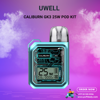 Uwell Caliburn GK3 25W pod kit with compact design and advanced coil technology for rich flavor vaping