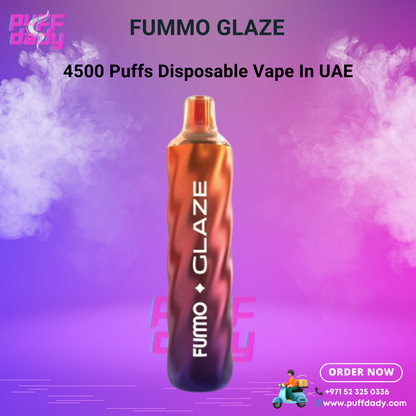 FUMMO Glaze 4500 Puffs disposable vape device with sleek orange and black gradient design against purple smoky background