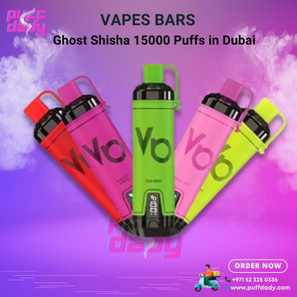 Colorful VAPES BARS Ghost Shisha 15000 Puffs disposable vape devices in various flavors against purple smoky background