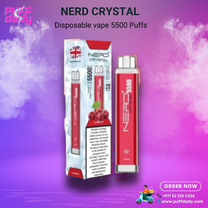 Nerd Crystal 5500 Puffs disposable vape in cherry flavor with quad mesh coil and 2% nicotine, UK-made, long-lasting smooth vaping device.