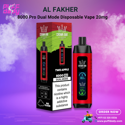 AL FAKHER 8000 DUAL PRO red disposable vape with two apple flavor and dual mode display on purple background
