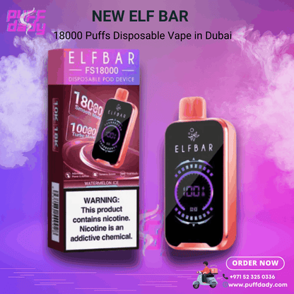 Elf Bar 18000 puffs disposable vape device in Dubai with watermelon ice flavor and digital screen display