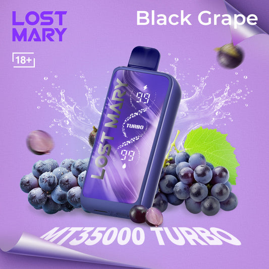 Lost Mary MT35000 Turbo rechargeable disposable vape in black grape flavor with digital display and up to 35,000 puffs.