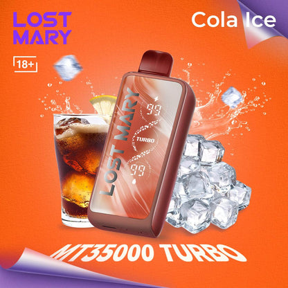 Lost Mary MT35000 Turbo vape device with cola and ice elements on an orange background