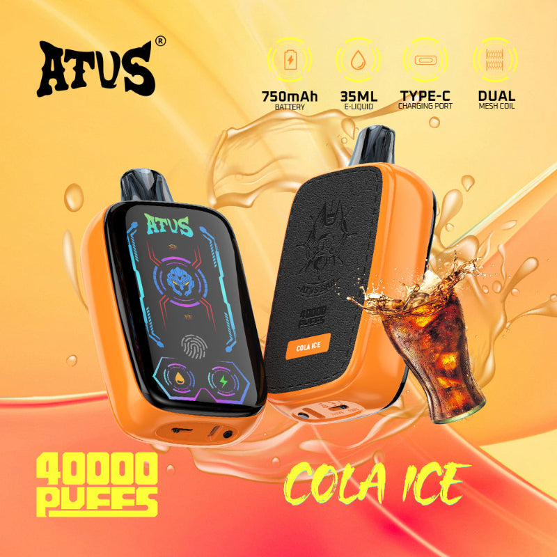 Orange vape device with 'ATUS' branding on a colorful background with cola ice text.