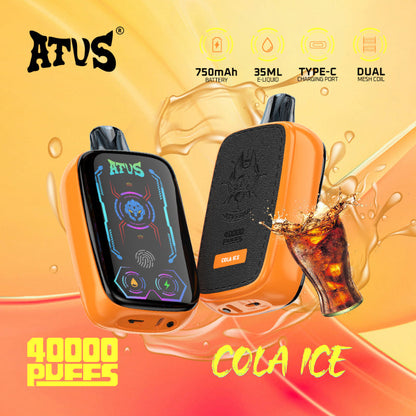 Orange vape device with 'ATUS' branding on a colorful background with cola ice text.