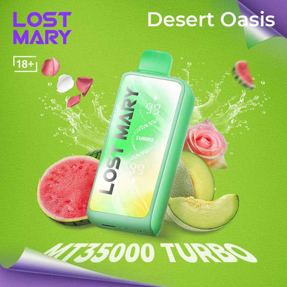 Lost Mary vape device with watermelon and avocado on a green background
