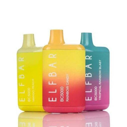 ELFBAR BC 5000 PUFF disposable vapes in mango peach, rainbow candy, and tropical rainbow blast flavors with compact and colorful design