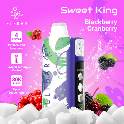ELFBAR Sweet King 30000 Puffs disposable vape in Blackberry Cranberry flavor with 4-level sweetness and up to 30,000 puffs.