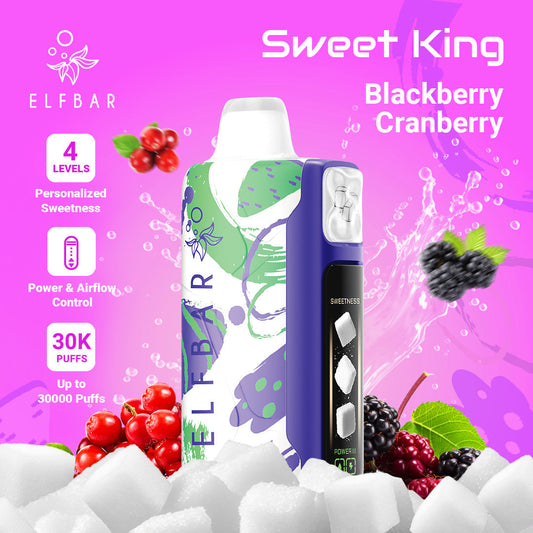 ELFBAR Sweet King 30000 Puffs disposable vape in Blackberry Cranberry flavor with 4-level sweetness and up to 30,000 puffs.
