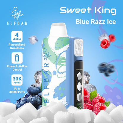 Elfbar Sweet King Blue Razz Ice vape device with fruit graphics on a blue background