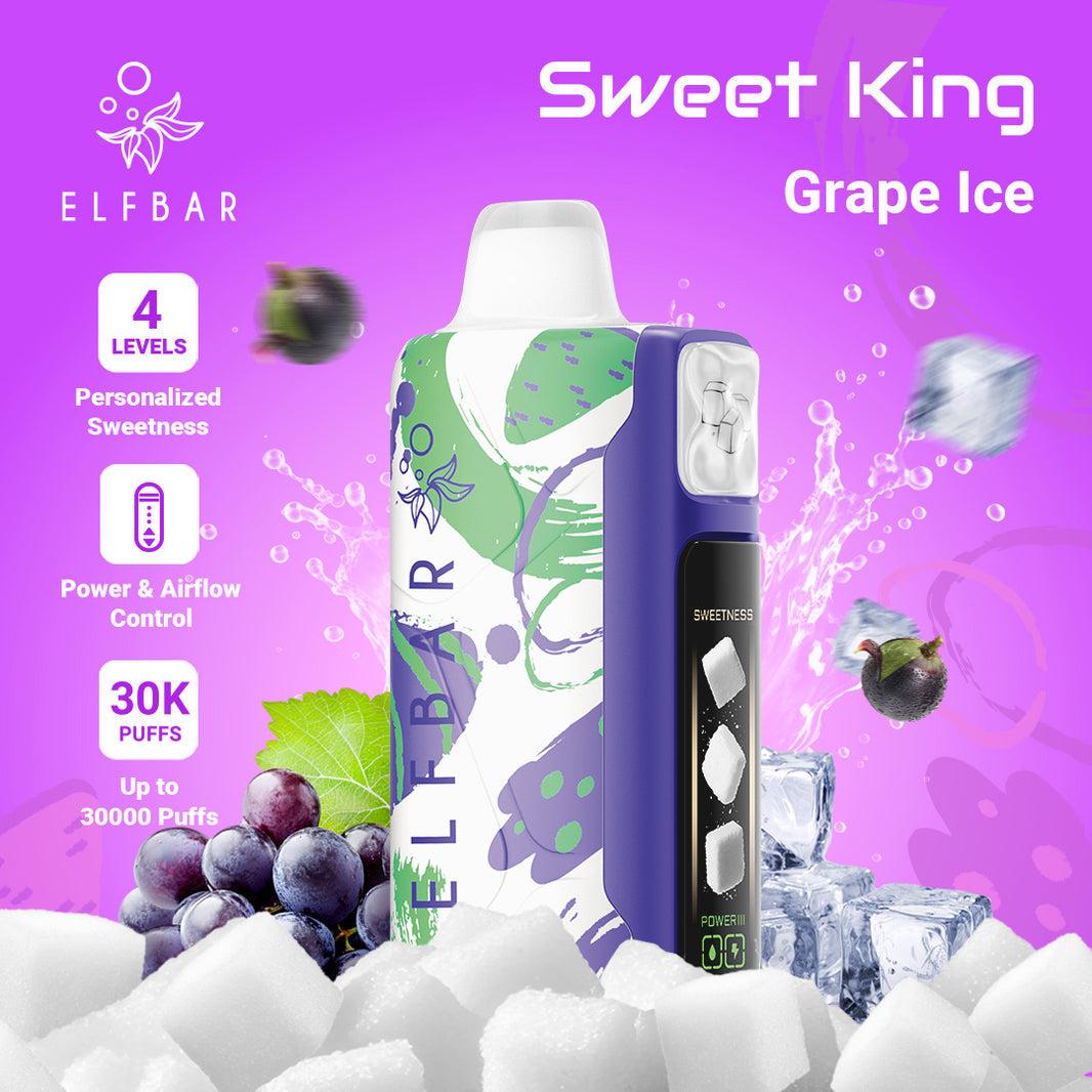 ELF BAR Sweet King Grape Ice vape device with graphics and text on a purple background
