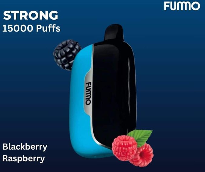 FUMO vape device with blackberry and raspberry graphics on a blue background