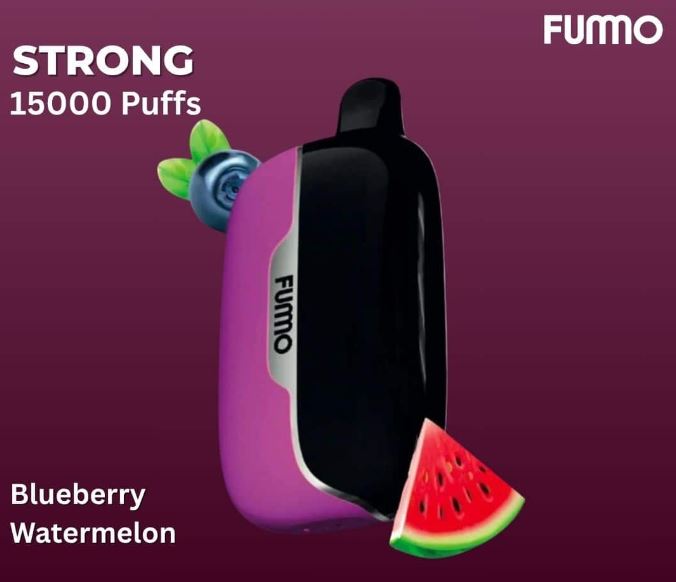 FUMO vape device with blueberry and watermelon elements on a purple background