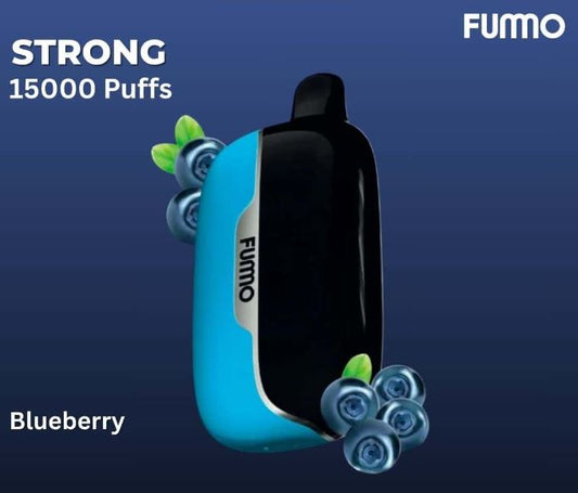 FUMO vape device with blueberry flavor on a dark blue background