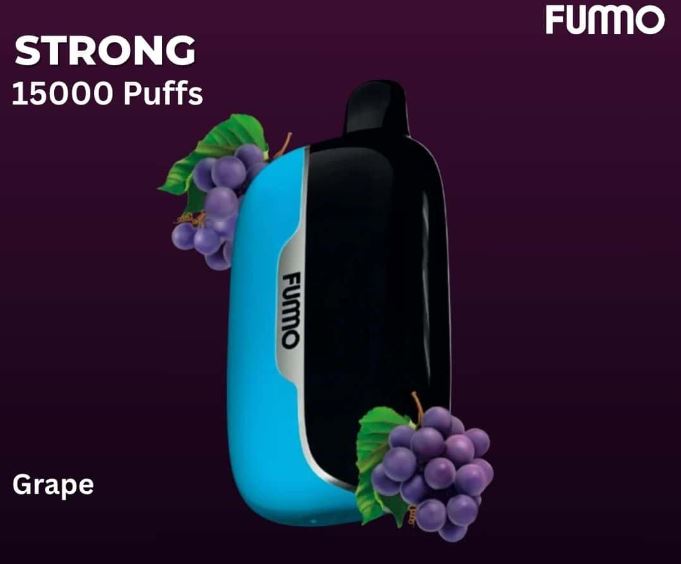 FUMO vape device with grape flavor on a dark background