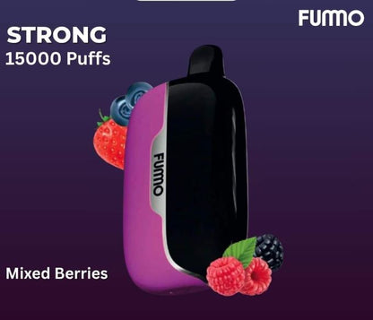 FUMO vape device with mixed berries on a dark purple background