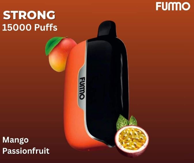 Fumo vape device with mango and passionfruit graphics on a brown background