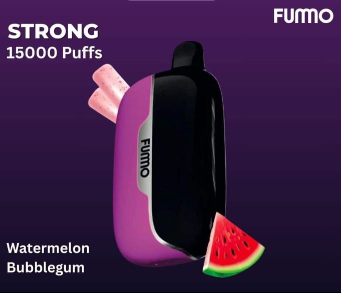 FUMO vape device with watermelon bubblegum flavor on a purple background