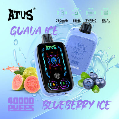 Vape device with 'ATUS' branding on a colorful background with guava and blueberry graphics with ice.