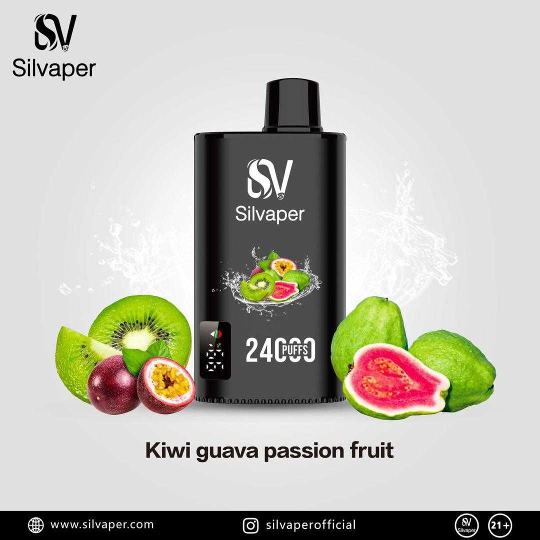 Silvaper vape device with kiwi, guava, and passion fruit on a light gray background