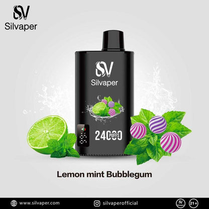 Silvaper vape device with lemon, mint, and bubblegum elements on a light gray background