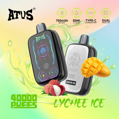 Two vape devices with 'ATUS' branding on a colorful background with lychee ice flavor.