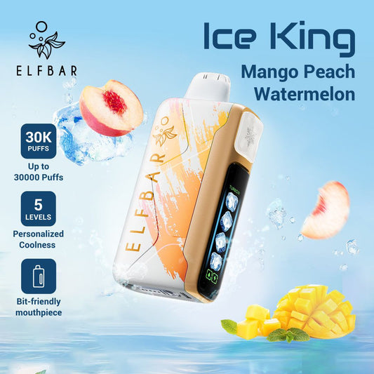 ELFBAR Ice King disposable vape in mango peach watermelon flavor with 30,000 puffs, 5-level adjustable coolness, and bit-friendly mouthpiece.