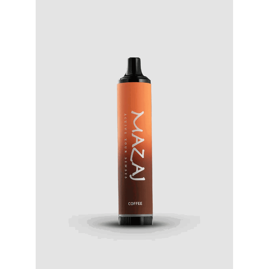 Mazaj Demon 5000 Puffs disposable vape in coffee flavor with sleek orange and brown design.