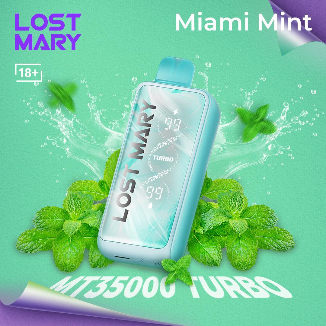 Lost Mary vape device with mint leaves on a green background