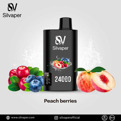 Silvaper vape device with peach and berry graphics on a light gray background