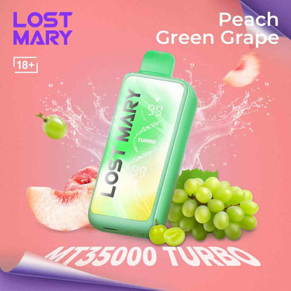 Lost Mary vape device with peach and green grape elements on a pink background