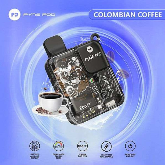 Pyne Pod 8500 rechargeable disposable vape in Colombian coffee flavor with sleek black design and 8500 puffs capacity