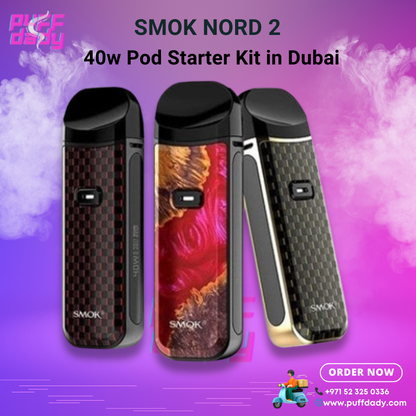 Smok Nord 2 40w pod starter kit with OLED display and 1500mAh battery, available in multiple designs, Dubai same day vape delivery.
