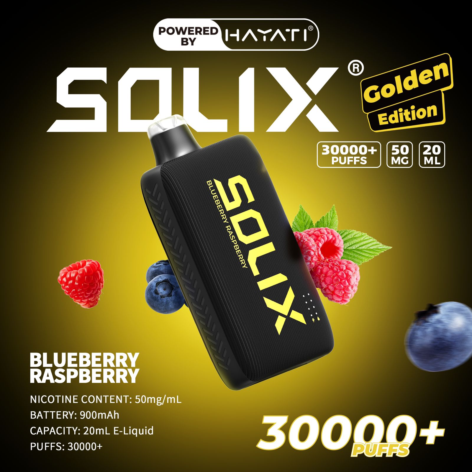 SOLIX vape device with blueberry and raspberry graphics on a dark background