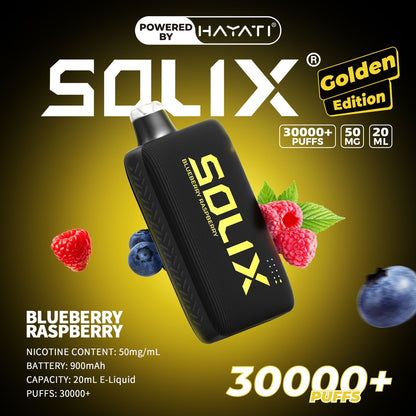 SOLIX vape device with blueberry and raspberry graphics on a dark background