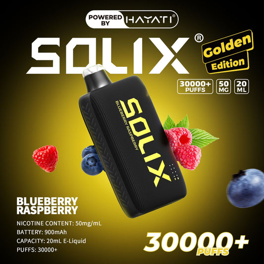 SOLIX vape device with blueberry and raspberry graphics on a dark background