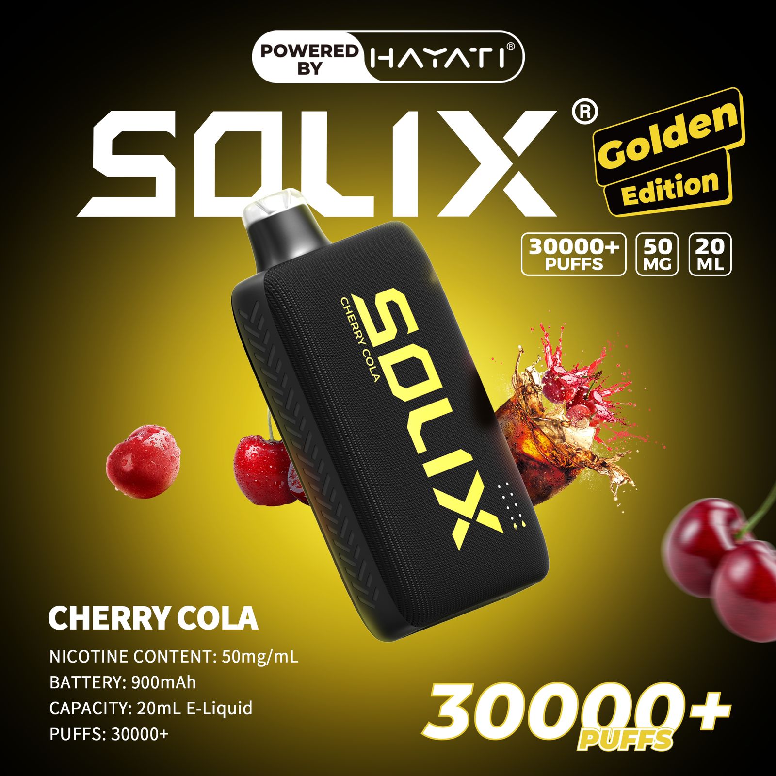 SOLIX Cherry Cola vape device with cherry cola flavor on a dark background