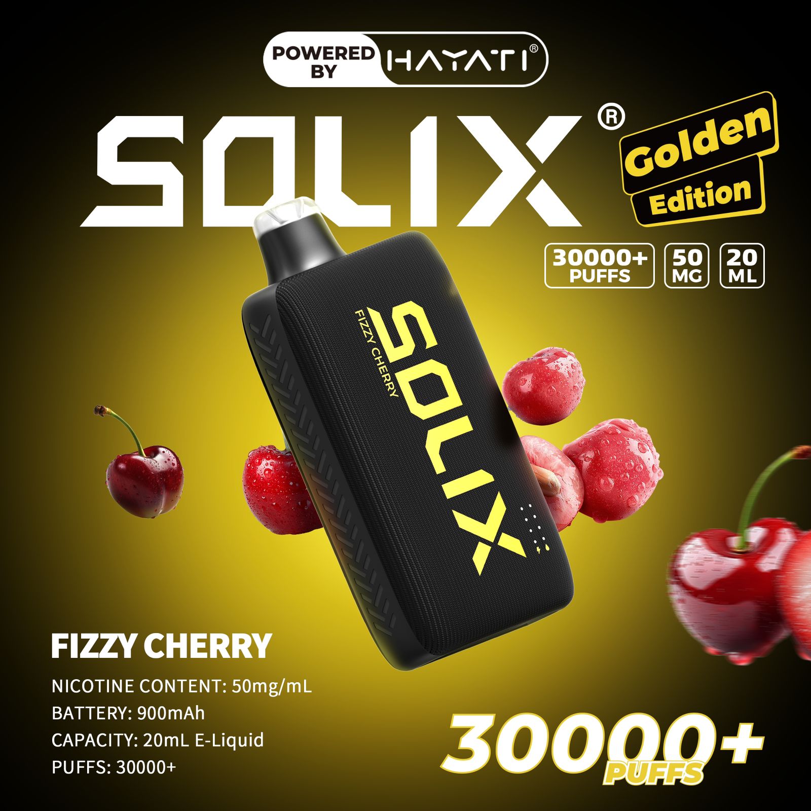 SOLIX vape device with cherries on a dark background, featuring the brand 'Hayati'.