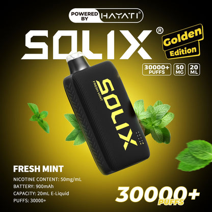SOLIX vape device with mint leaves on a dark background, featuring the brand 'Hayati'.