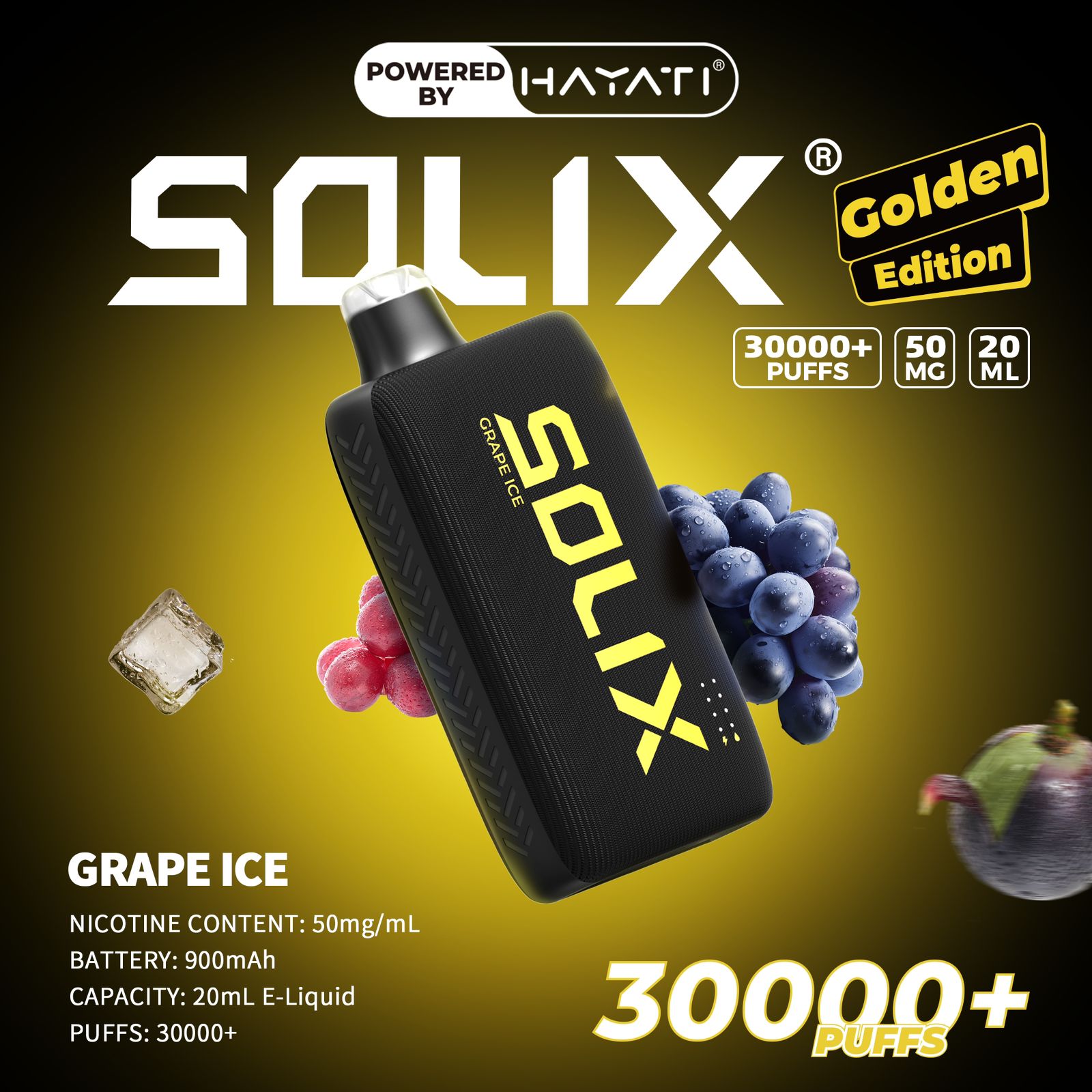 SOLIX vape device with grape ice flavor on a dark background