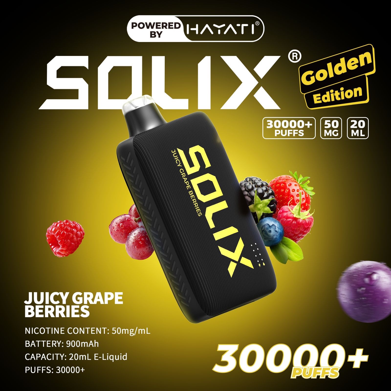 SOLIX vape device with berries on a dark background, featuring the brand 'Hayati'.