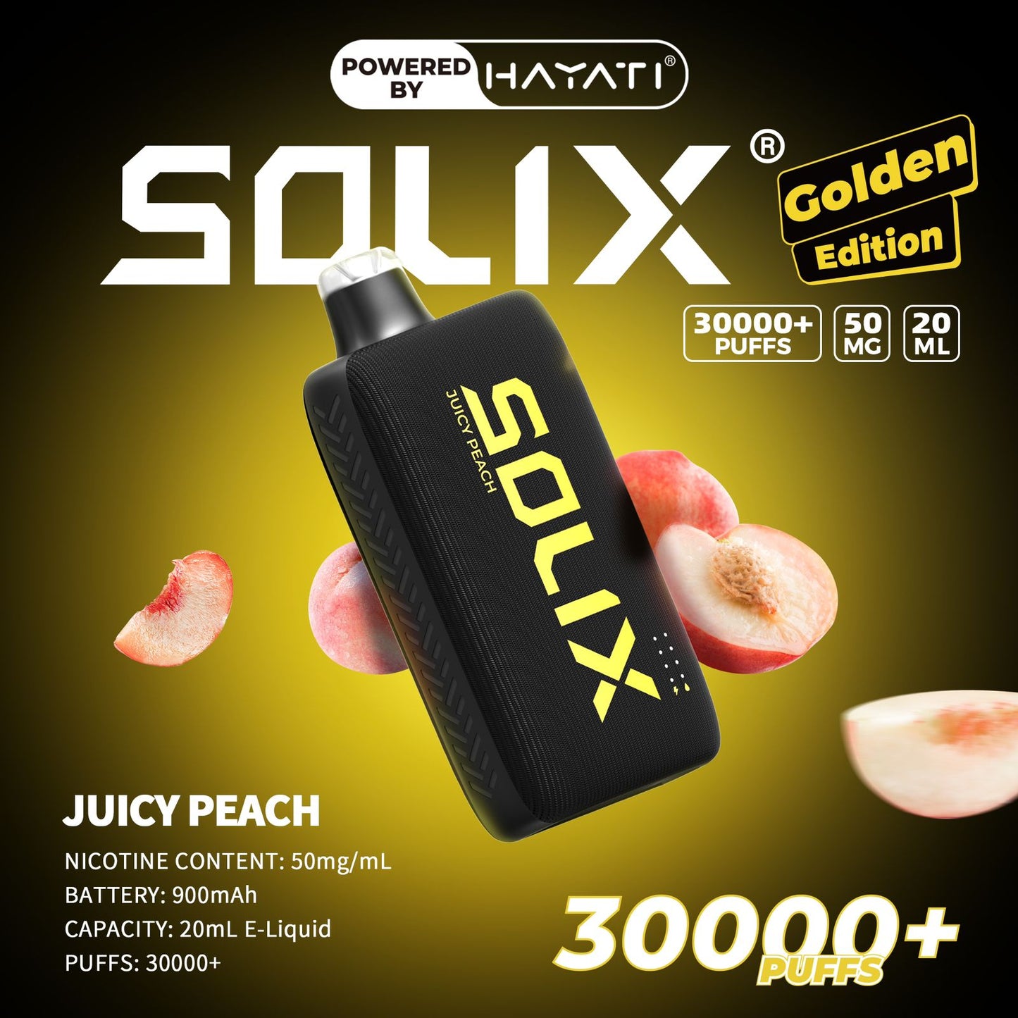 SOLIX vape device with juicy peach flavor on a dark background